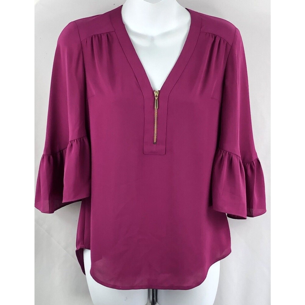 Express Flowy Chiffon Ruffles top Pink fuchsia Hi-Lo Hem 3/4 Flare Sleeve Y2K
